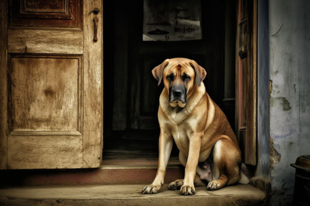 The faithful dog is eagerly awaiting the return of its owner, sitting patiently by the door and keeping watch.の素材