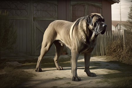 The huge dog takes its job seriously, patrolling the yard and keeping a watchful eye over its territory.の素材