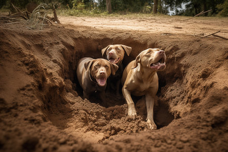 The three determined dogs are digging a deep hole in the ground with fervor.の素材