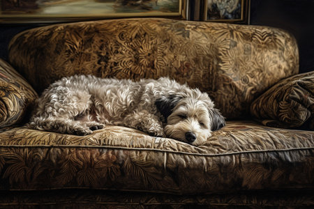 The furry dog is deep in slumber, snuggled up on a comfy couch, looking like absolute bliss.の素材