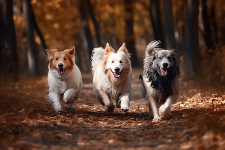 Three energetic dogs are sprinting and chasing each other in the green parkの素材