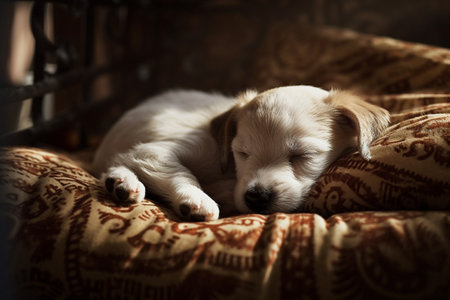 The cute little puppy is sound asleep in a soft and comfortable bed, dreaming of chasing butterflies.の素材