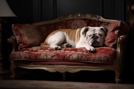 A lazy bulldog is sound asleep on the cozy sofa, snoring comfortably.の素材