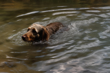 The dog is happily paddling through the cool river water, splashing around and having fun.の素材