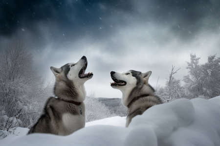 The beautiful snow dogs are singing a song in perfect unison in the cold, winter wonderland.の素材