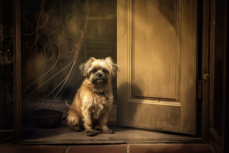 The faithful dog is eagerly awaiting the return of its owner, sitting patiently by the door and keeping watch.の素材