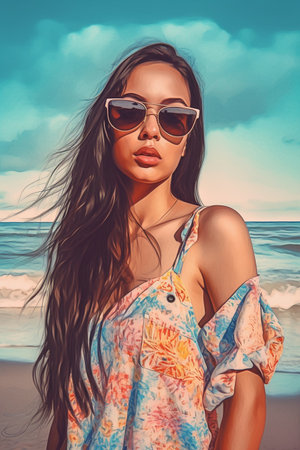An 18-year-old Hispanic girl is being portrayed on a beach.の素材
