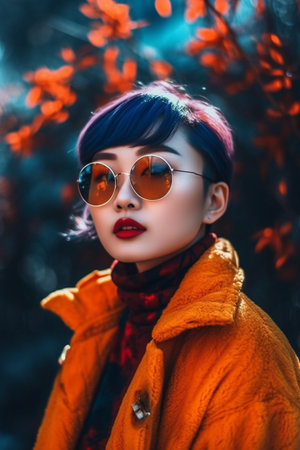 An 18-year-old Asian woman is being portrayed in a lush city park surrounded by trees.の素材