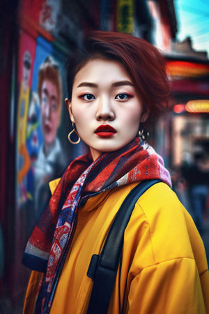 A 19-year-old Chinese woman is being portrayed in a busy city.の素材