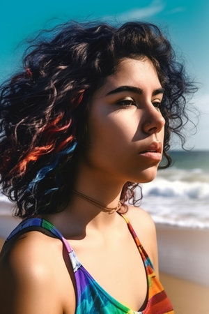 An 18-year-old Hispanic girl is being portrayed on a beach.の素材