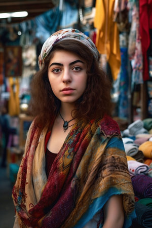 An 18-year-old Middle Eastern woman is portrayed in a busy bazaar setting.の素材