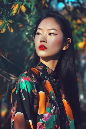 A 20-year-old Asian woman is smiling for the camera in a beautiful park.の素材