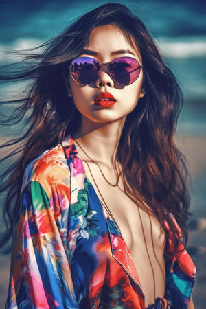 Beautiful 20-year-old Asian woman poses for a portrait on a sunny beach.の素材
