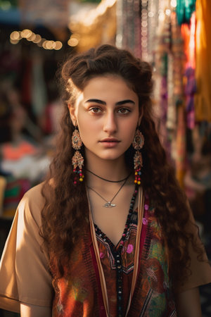 An 18-year-old Middle Eastern woman is portrayed in a busy bazaar setting.の素材