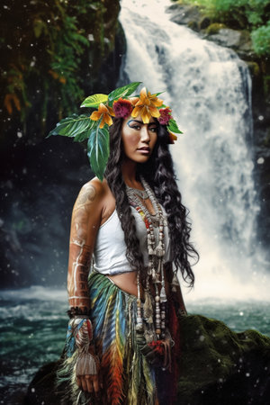 A 25-year-old Native Hawaiian woman is being portrayed in a stunning waterfall with lush greenery around her.の素材