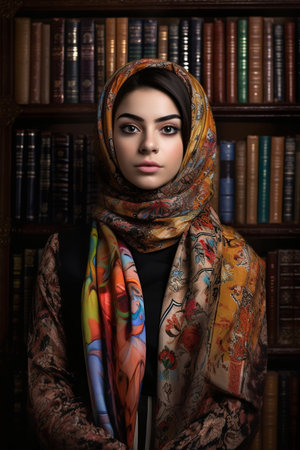 A 19 year old Middle Eastern woman is being portrayed in a quiet library.の素材