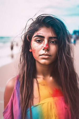 A 20-year-old Latina woman is being portrayed on a tropical beach with palm trees and clear blue water.の素材