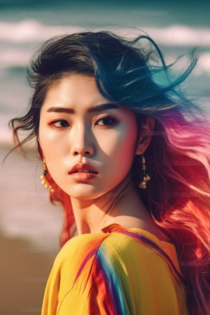 Beautiful 20-year-old Asian woman poses for a portrait on a sunny beach.の素材