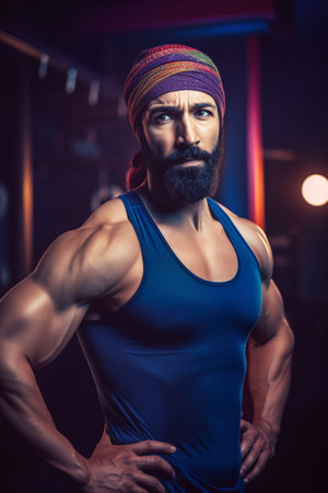 A determined 35-year-old Middle Eastern athlete is portrayed in the midst of a heavy workout session inside a modern gym.の素材