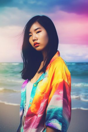 An 18 year old Asian woman standing next to the ocean with palm tree in the background.の素材
