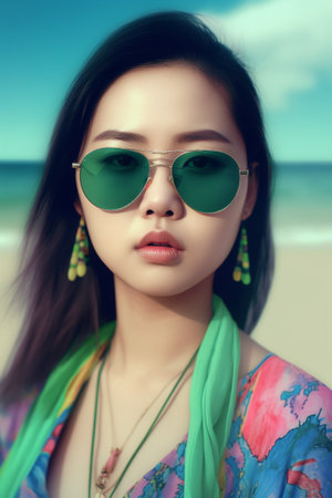 Beautiful 20-year-old Asian woman poses for a portrait on a sunny beach.の素材
