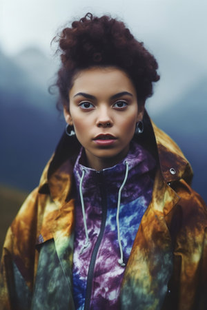 A 22 years old mixed-race woman is being portrayed in a stunning mountain landscape.の素材