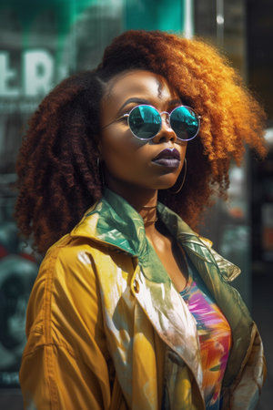 A 30-year-old African American woman is standing on a busy city street corner.の素材