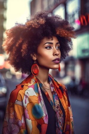 A 30-year-old African American woman is standing on a busy city street corner.の素材