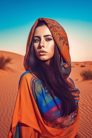 A young 21-year-old Middle Eastern woman stands in a vast desert with the sun setting behind her.の素材