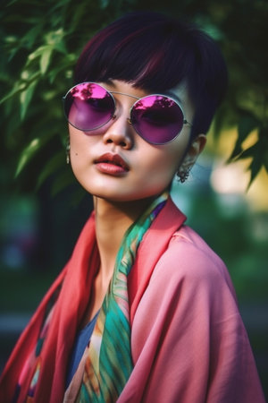 A 25-year-old Asian woman is enjoying the city park with a book in hand and surrounded by lush greenery.の素材