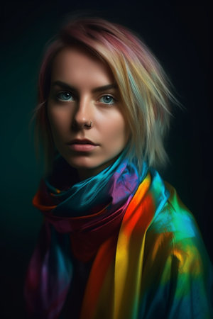 A creative 28-year-old European artist is depicted in her personal studio surrounded by colorful, abstract paintings.の素材