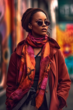A 30 year old African-American woman is being portrayed in a busy city street.の素材