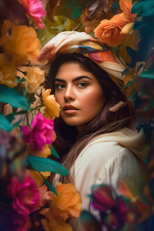 A 28-year-old Latina woman enjoys nature and the beauty of a garden.の素材