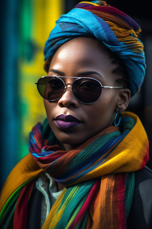 An African-American woman in her 30s is being portrayed in a city setting.の素材