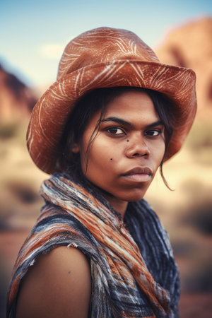 A 28 year old Aboriginal woman sitting on a rock at a scenic lookout in the Australian Outback.の素材