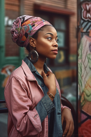 A 30-year-old African American woman is being portrayed in an urban setting.の素材
