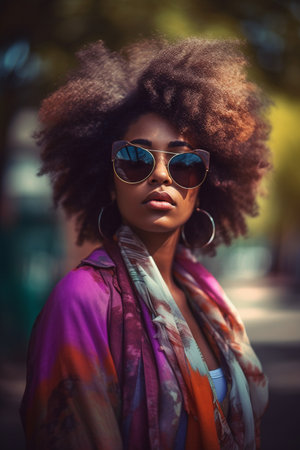 A 30-year-old African-American woman is depicted enjoying the beauty of nature in a city park.の素材