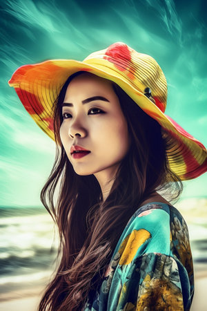 A 28-year-old Asian woman is captured in a timeless moment at the beach, relishing in the sun and the salty breeze.の素材