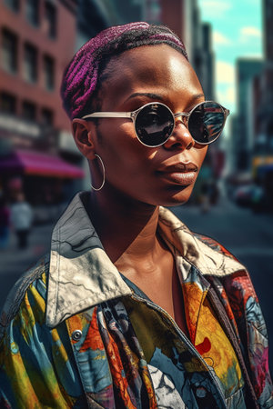 A 35-year-old African American woman is being portrayed in a busy cityscape.の素材