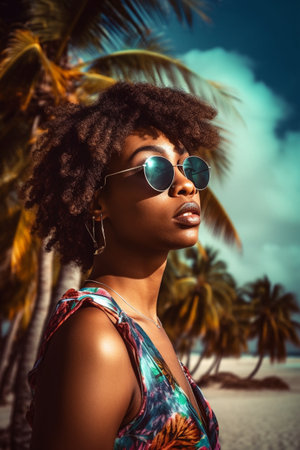 A 30 year old African American woman stands on a sandy beach with palm trees swaying in the background.の素材