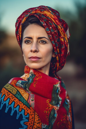 A 40-year-old Middle Eastern woman is portrayed in the countryside surrounded by wheat fields and blue skies.の素材