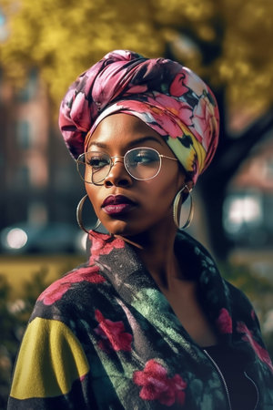 An African American female at 30 years of age is being portrayed in a city park.の素材