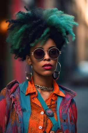 A 30-year-old African American woman is standing on a busy city street corner.の素材