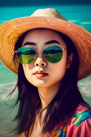 A 28-year-old Asian woman is captured in a timeless moment at the beach, relishing in the sun and the salty breeze.の素材