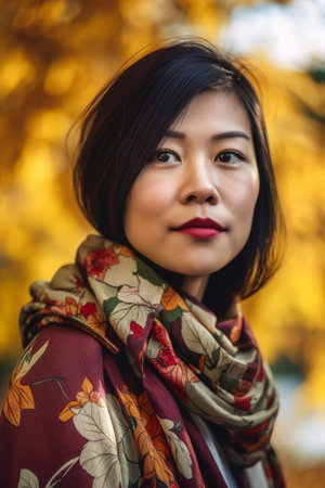 A 30-year-old Asian woman sits on a bench in a city park with trees and a skyline in the background.の素材