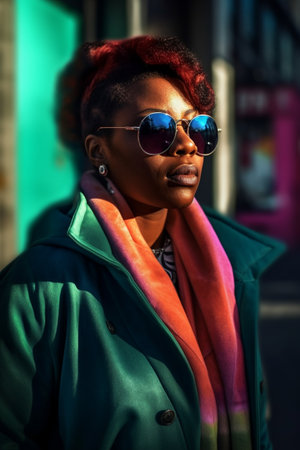 A 35-year-old African American woman is walking down a busy city street.の素材
