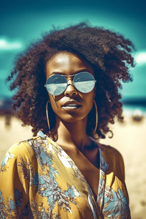 A 32-year-old African American woman is being portrayed at the beach.の素材