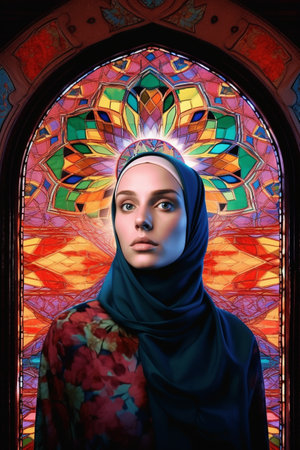 A 25-year-old Muslim woman is depicted sitting inside a beautiful mosque with intricate designs and bright colors.の素材