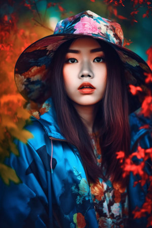 A 20-year-old Asian woman is smiling for the camera in a beautiful park.の素材
