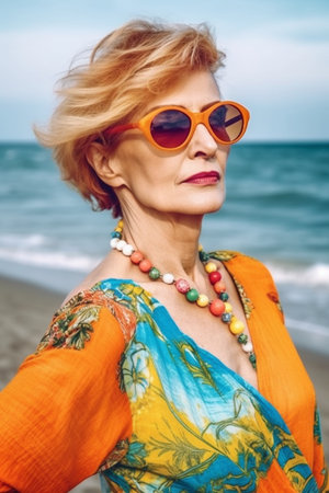 A 50-year-old Caucasian woman is being portrayed on a sandy beach near the ocean.の素材